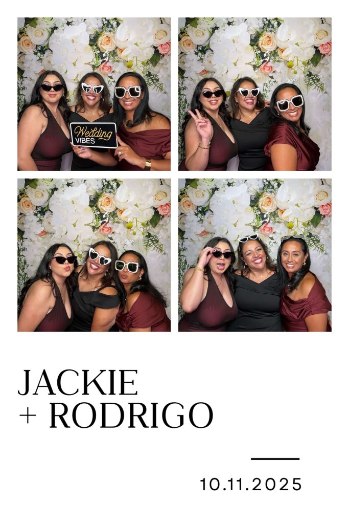 Standard Package 6 custom photo booth experience. Wedding photo overlay design with couple’s name and date